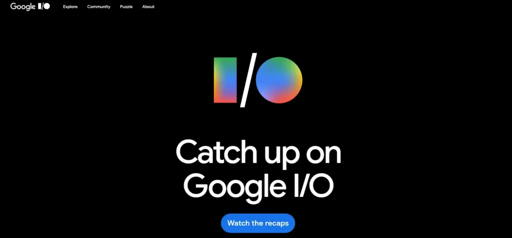 Google I/O homepage with a minimalist hero and an interactive, filterable session schedule.
