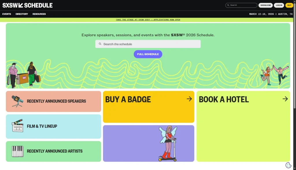 SXSW homepage showing color-coded navigation separating film, music, and interactive tracks.