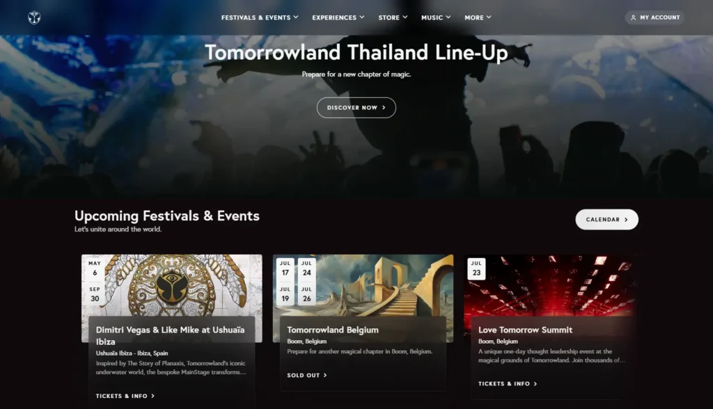 Tomorrowland festival homepage with cinematic imagery, visible lineup, dates, and a tickets link.
