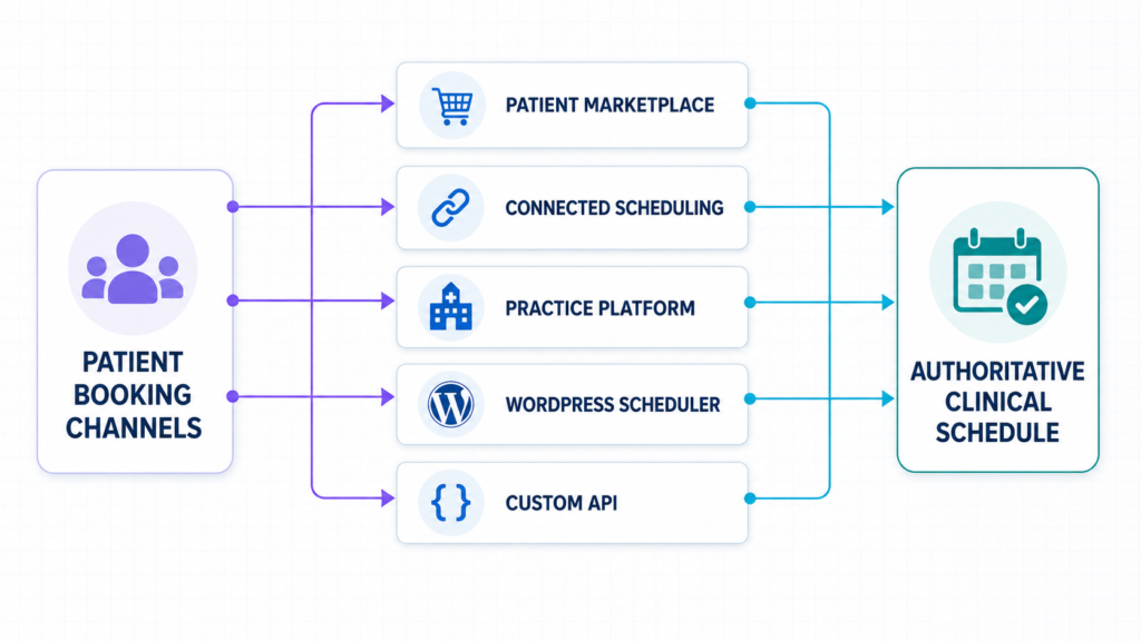 Decision map showing five medical booking architectures and where the official schedule lives.
