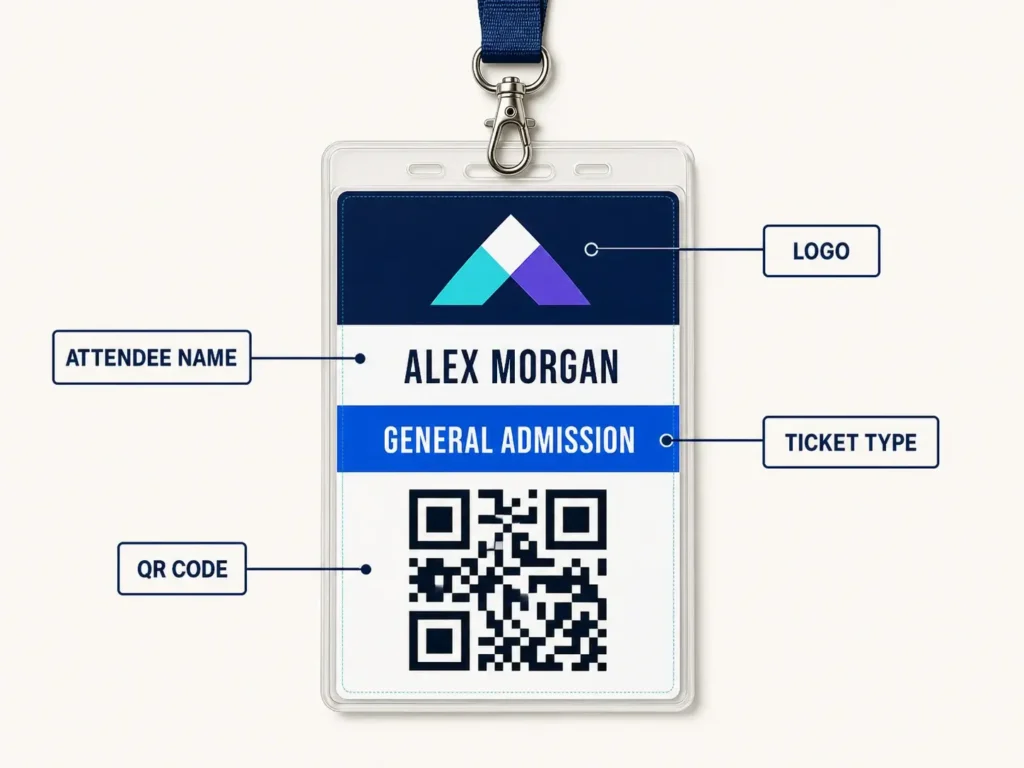 QR Code Event Check-In: Downloadable Tickets and Badges in WordPress 3 Annotated printable attendee badge showing the logo, attendee name, ticket type, and QR code