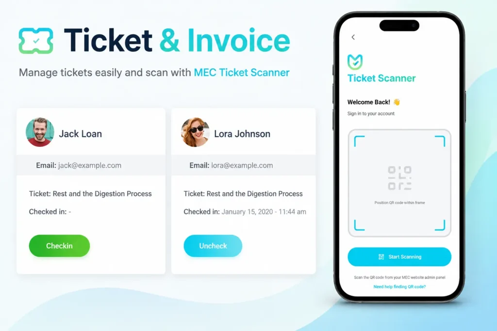 QR Code Event Check-In: Downloadable Tickets and Badges in WordPress 2 MEC workflow from event booking to QR ticket check-in inside MEC Utility