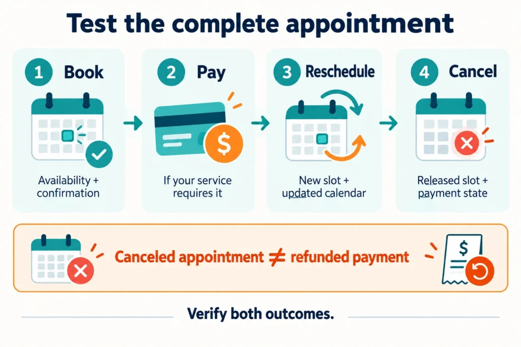 Booking trial checklist: book, pay if required, reschedule, and cancel; check refunds separately from cancellations