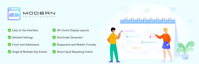 Modern Events Calendar Lista de características con una ilustración de un equipo planificando eventos.