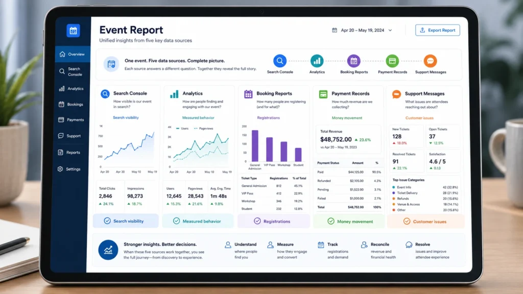 Event website checklist: 30 checks for WordPress sites 4 Tablet showing an event report dashboard with charts, tables, bookings, payments, and support data.