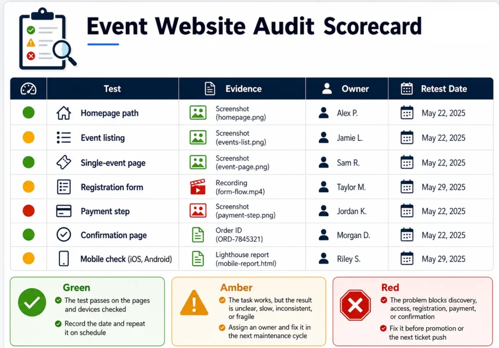 Event website checklist: 30 checks for WordPress sites 1 Event website checklist scorecard with red, amber, and green priorities