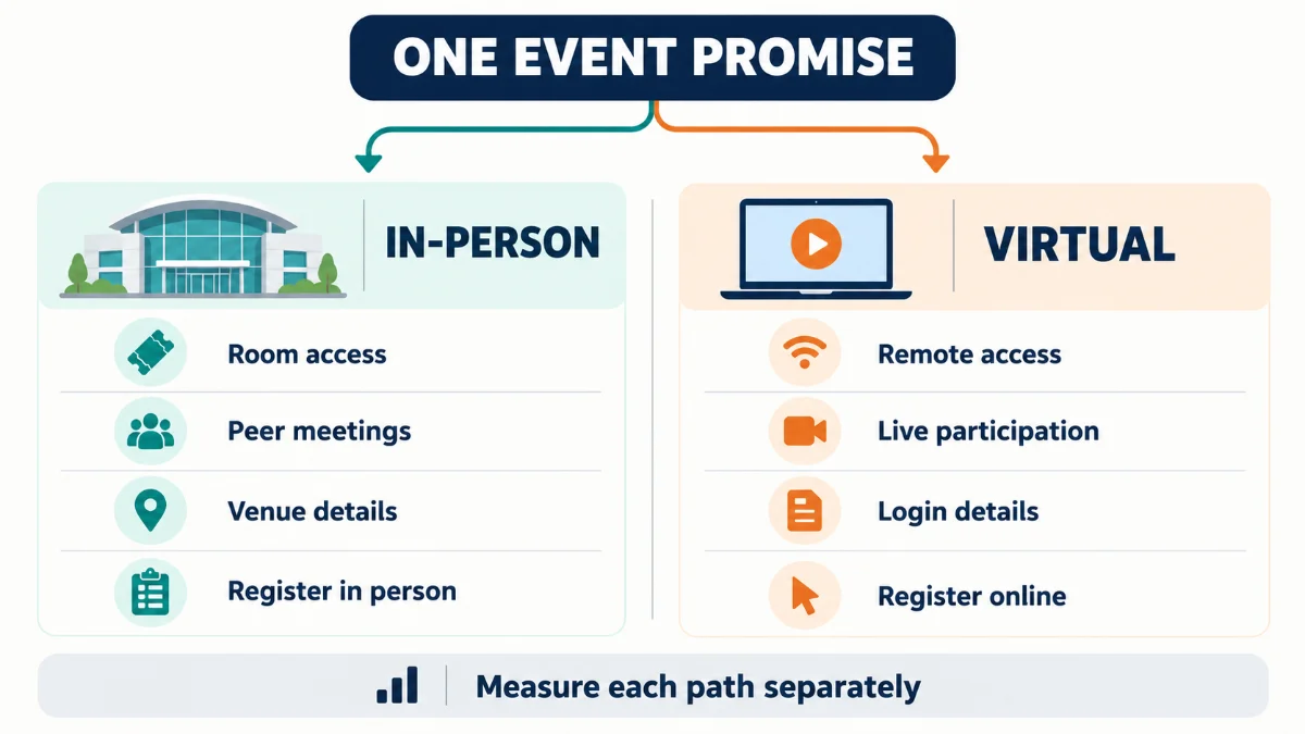 One event promise split into in-person and virtual offers: room access, peer meetings, and venue details versus remote access, live participation, and login details
