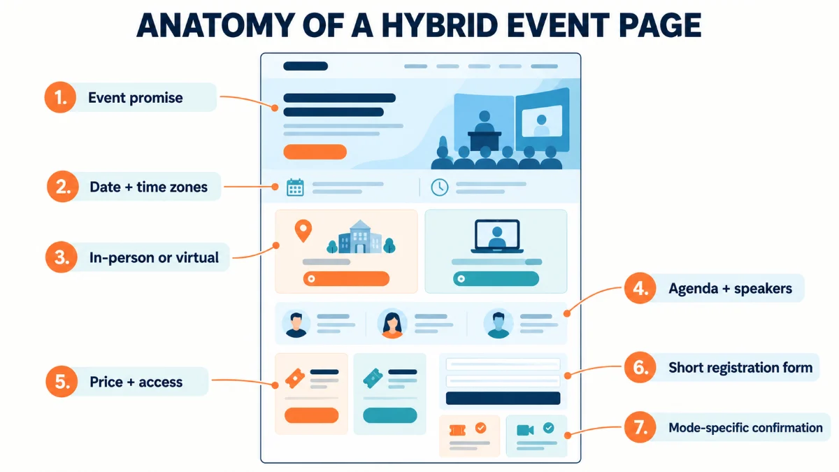 Hybrid event landing page anatomy: event promise, date and time zones, in-person or virtual choice, agenda and speakers, price and access, short form, and mode-specific confirmation