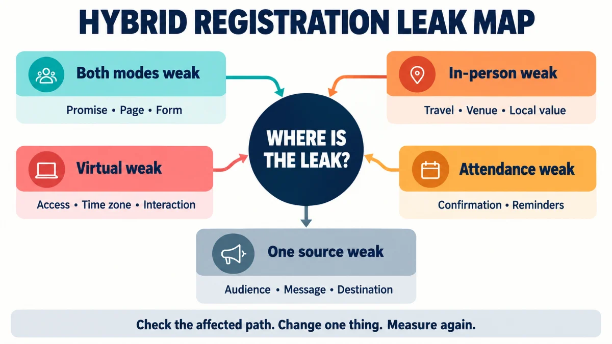 Hybrid registration leak map with five weak points: both modes, in-person, virtual, attendance, and one traffic source, each with what to check