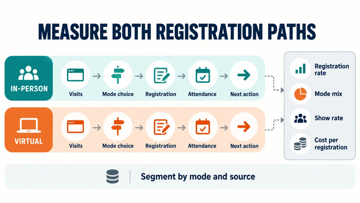 In-person and virtual registration paths from visit to next action, measured by registration rate, mode mix, show rate, and cost per registration