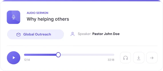 Audio sermon player with speaker and category details in the Kata Church Plugin
