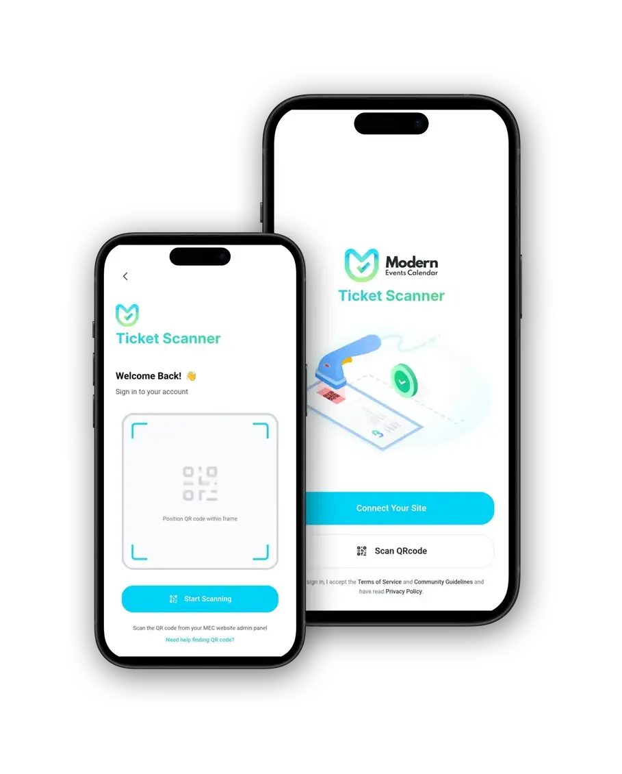 MEC Events mobile app with ticket scanner and QR check-in screens for church events