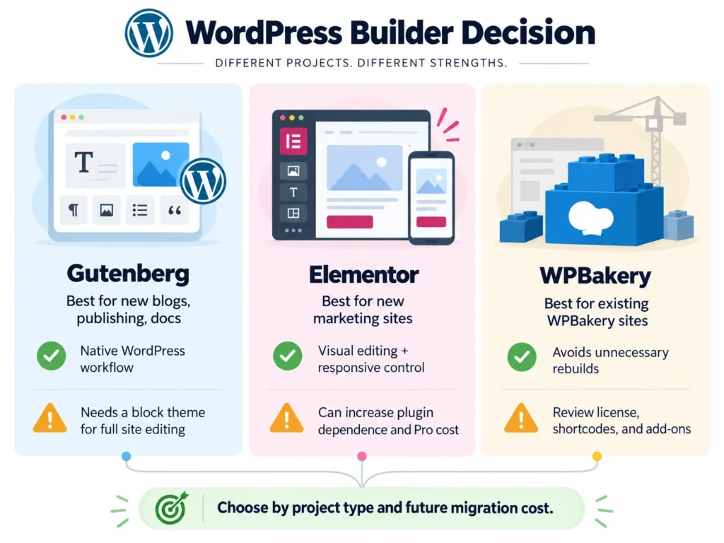 Gutenberg vs Elementor vs WPBakery: Which Should You Use? 1 Decision matrix for choosing Gutenberg, Elementor, or WPBakery