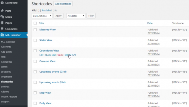 Create API | MEC Shortcodes | Modern Events Calendar Event API Addon