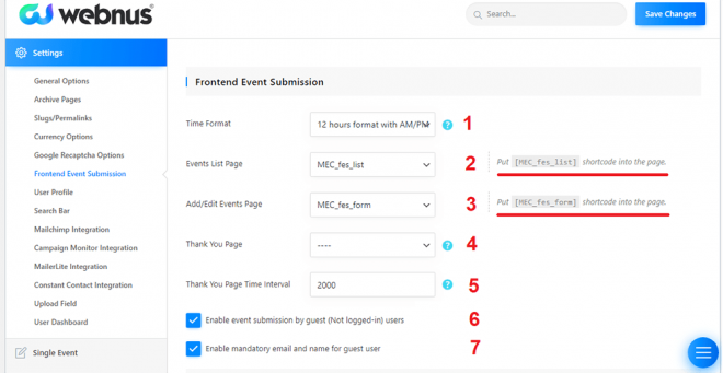 Frontend Event Submission Settings (Filled) - Admin Area