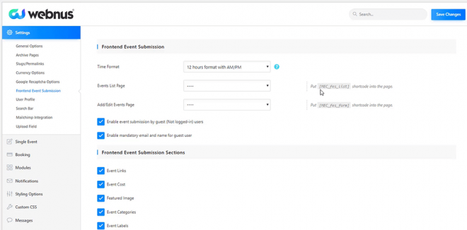 Frontend Event Submission Settings - Admin Area