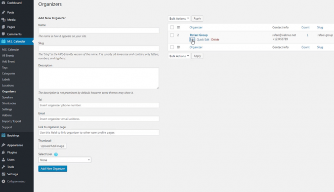 Modern Event Calendar Organizers - Admin Area