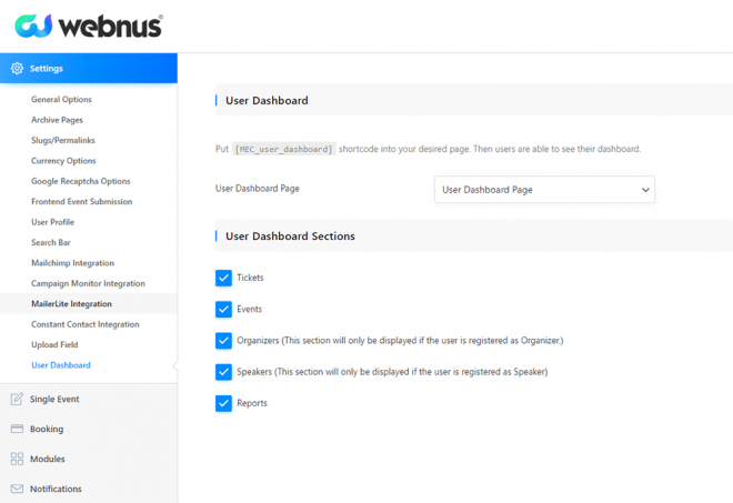 User Dashboard Settings - Modern Events Calendar - Admin Area