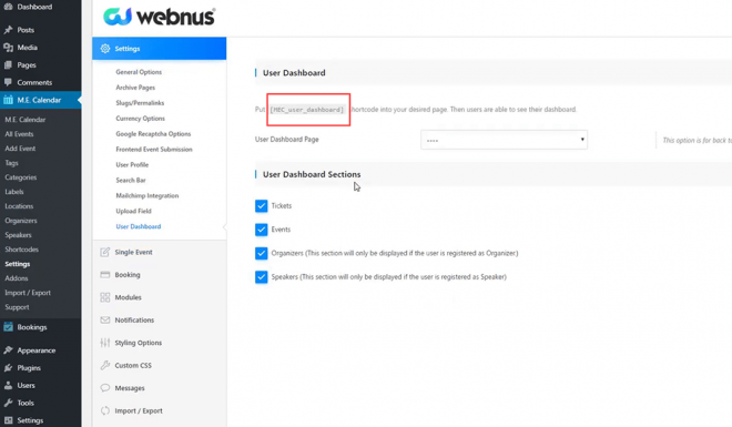 User Dashboard Shortcode - Modern Events Calendar - Admin Area