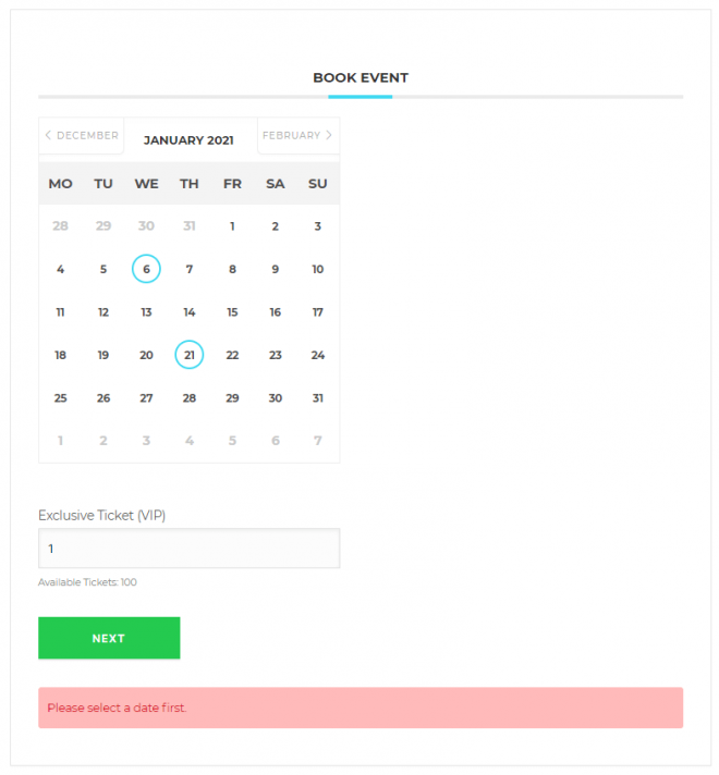 MEC New Booking Feature Calendar for Date Selection