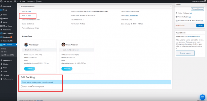 Edit Booking | Edit Invoice | Sell Events with Ticket & Invoice Addon
