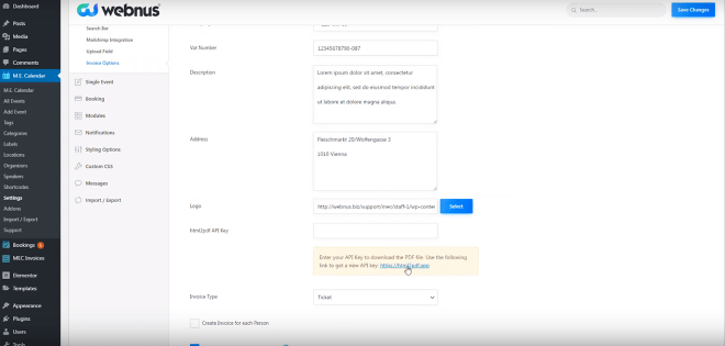 html2pdf API Key | Invoice Options | Sell Events with Ticket & Invoice Addon