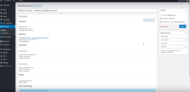 Edit Bookings | Sell Events with Ticket & Invoice Addon