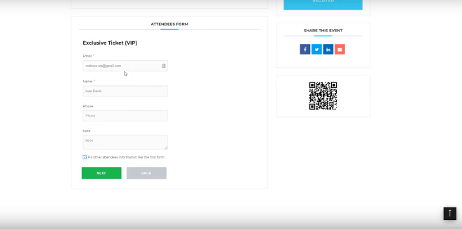 Attendees Form | Second Step| Book Event | Sell Events with Ticket & Invoice Addon